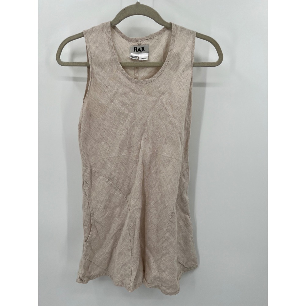 FLAX Womens Small Oatmeal Beige 100% Linen Sleeveless Tunic Top with Pockets